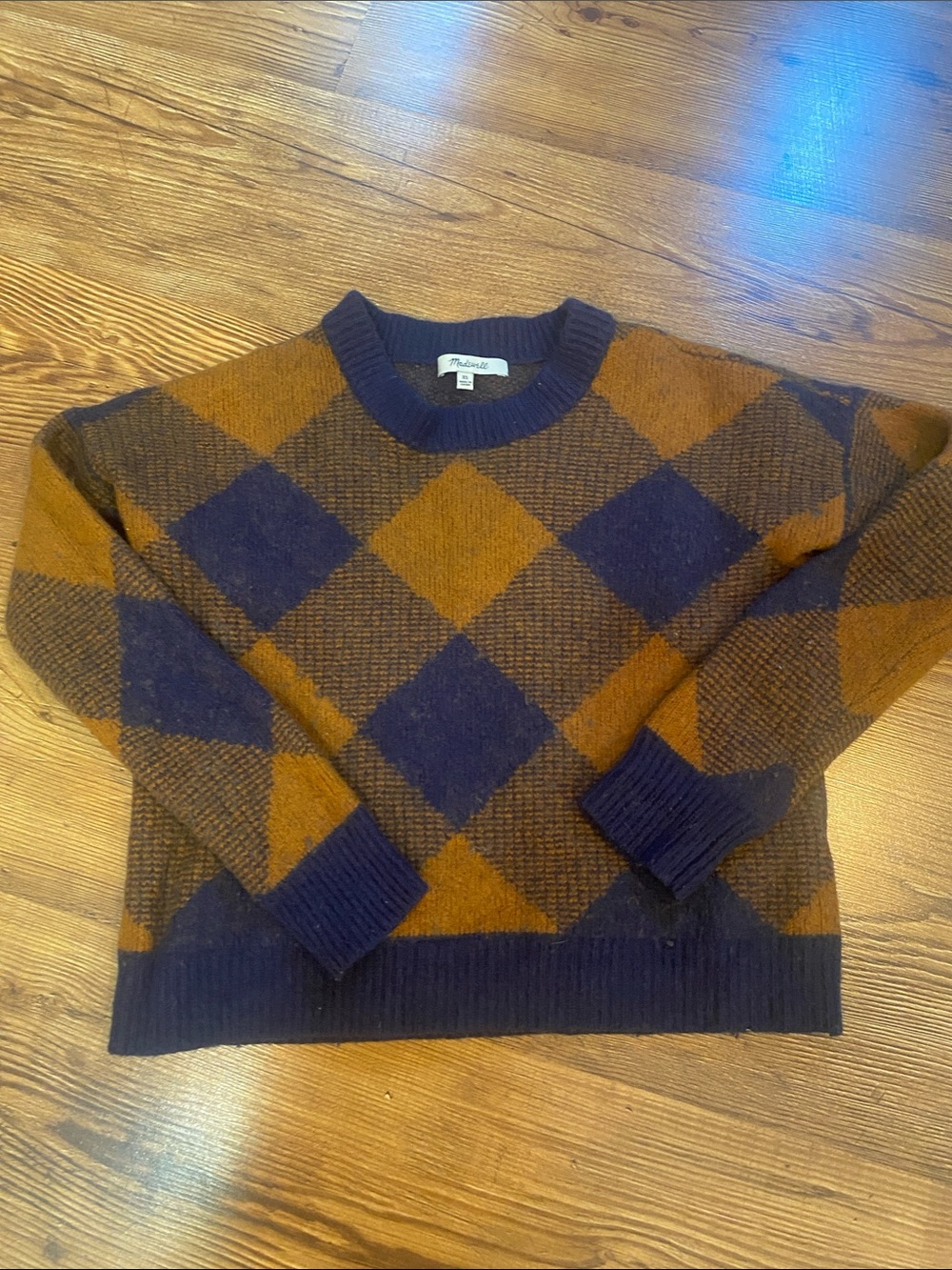 Madewell Navy & Brown Argyle Wool Crewneck Sweater